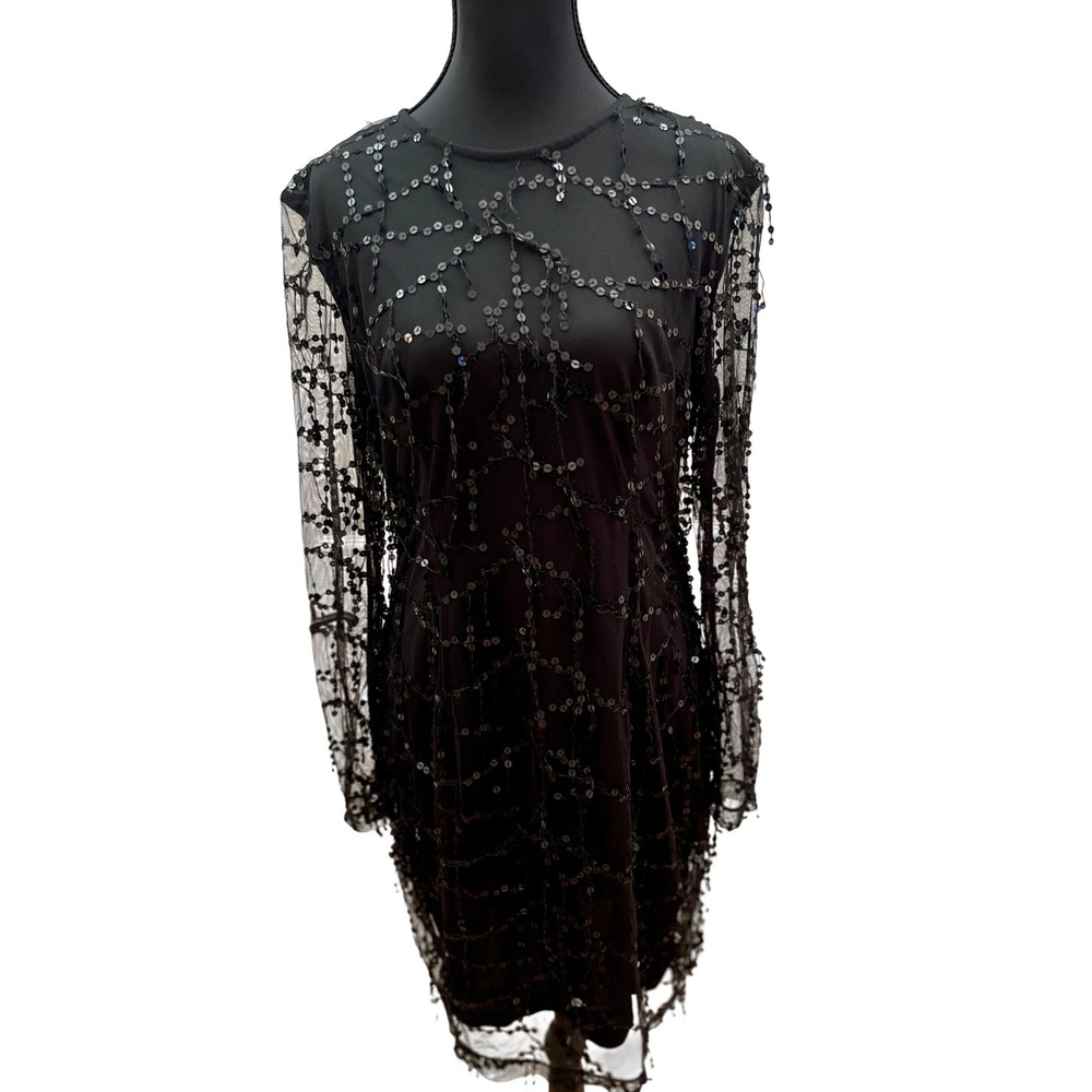 PrettyLittleThing Black Sequin Mesh Long Sleeve Mini Dress Sheer Overlay Party